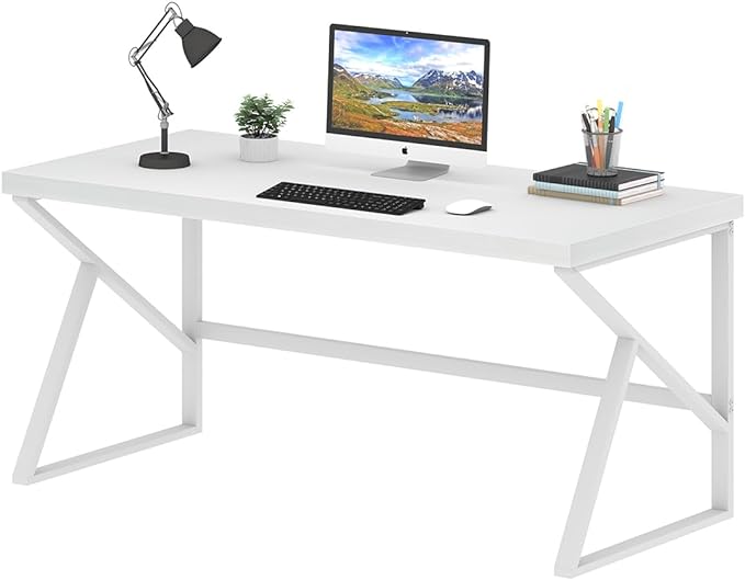 HSH White Desk, Modern Home Office PC Laptop Desk, Large Industrial Metal Wood Desk for Executive Writing Work Study Gaming, Long Student Computer Table for Bedroom Living Room, White Oak, 60 Inch