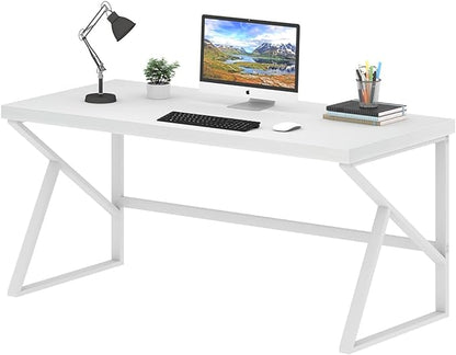 HSH White Desk, Modern Home Office PC Laptop Desk, Large Industrial Metal Wood Desk for Executive Writing Work Study Gaming, Long Student Computer Table for Bedroom Living Room, White Oak, 60 Inch