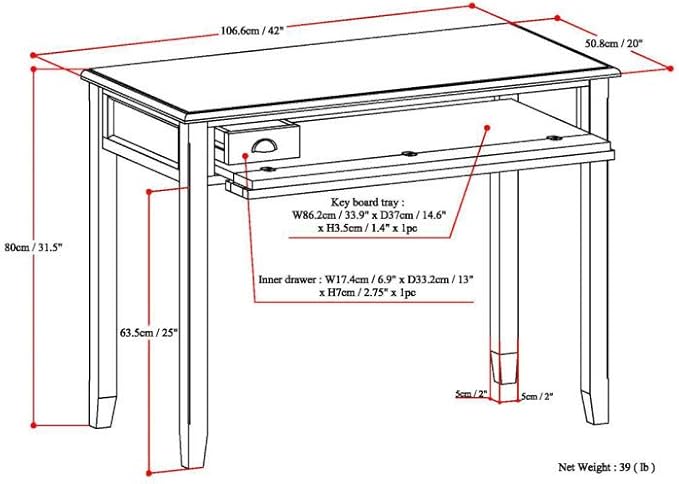 SIMPLIHOME Burlington SOLID WOOD 42 inch Wide Home Office Desk, Writing Table, Workstation, Study Table Furniture in Mahogany Brown with 1 Drawer