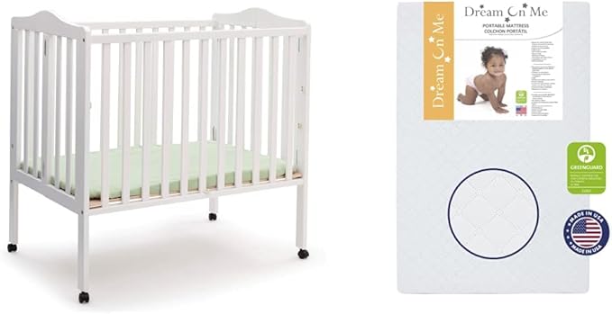 Delta Children Folding Portable Mini Baby Crib with 1.5-inch Mattress - Greenguard Gold Certified, White & Dream On Me Holly 3” Fiber Portable, Greenguard Gold Certified, White