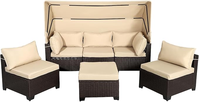 6 PCS Outdoor Patio Furniture Set,Sectional Sofa Set,Rattan Daybed with Retractable Canopy,Adjustable Backrest,Storage Coffee Table for Porch Garden Poolside Backyard(Khaki)