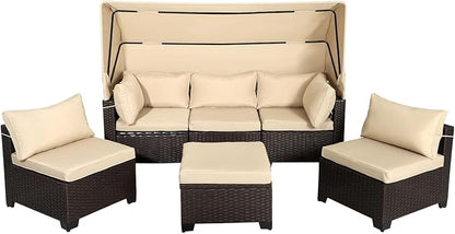 6 PCS Outdoor Patio Furniture Set,Sectional Sofa Set,Rattan Daybed with Retractable Canopy,Adjustable Backrest,Storage Coffee Table for Porch Garden Poolside Backyard(Khaki)