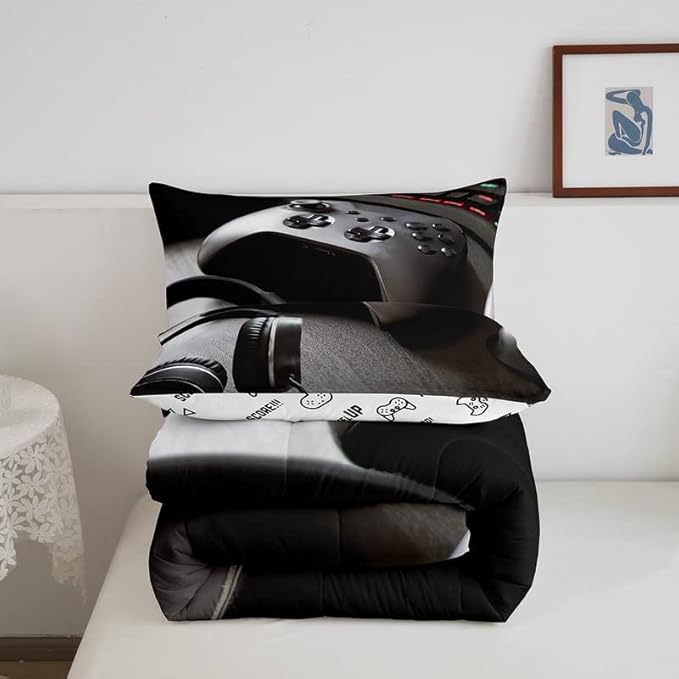 Gaming Bedding Set Boys Game Controller Comforter for Kids Girls Teens Modern Gamer Headset Comforter Set Youth Gaming Console Video Game Decor Duvet Set with 2 Pillow Case Full Size Black