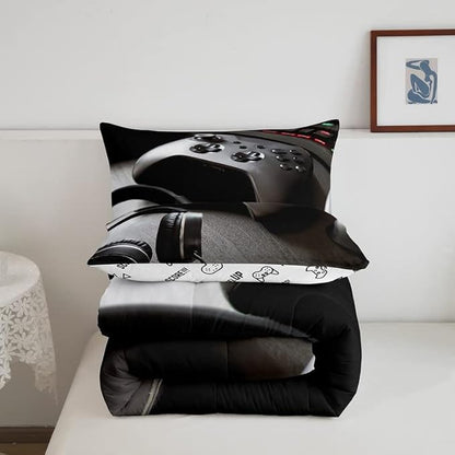 Gaming Bedding Set Boys Game Controller Comforter for Kids Girls Teens Modern Gamer Headset Comforter Set Youth Gaming Console Video Game Decor Duvet Set with 2 Pillow Case Full Size Black