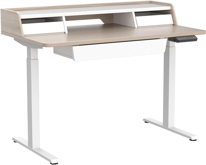 FEZIBO Standing Desk with Drawers, 48 x 25 Inch Adjustable Height Stand Up Desk with Storage Shelf, Home Office Desk with Monitor Stand, Light Walnut