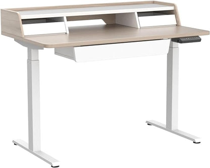 FEZIBO Standing Desk with Drawers, 48 x 25 Inch Adjustable Height Stand Up Desk with Storage Shelf, Home Office Desk with Monitor Stand, Light Walnut