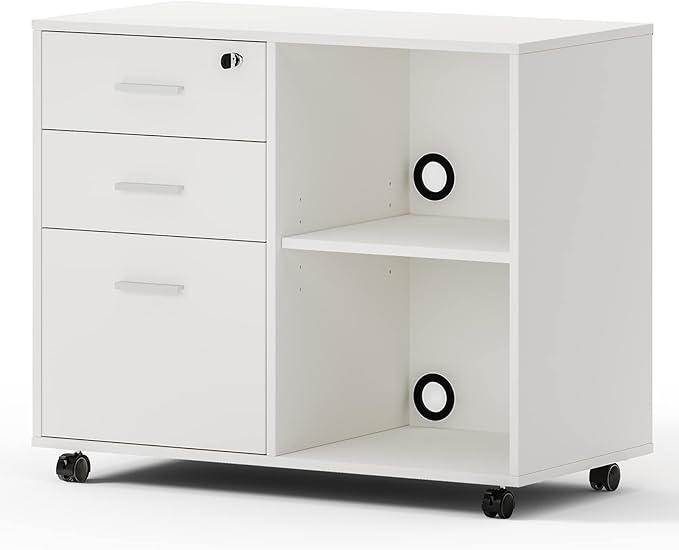 Maxtown Wood Filing Cabinet, Mobile Lateral Filing Cabinet with Lock, 3 Drawer Filing Cabinet with Open Storage Shelves, Printer Stand with Storage, White