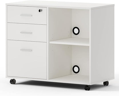 Maxtown Wood Filing Cabinet, Mobile Lateral Filing Cabinet with Lock, 3 Drawer Filing Cabinet with Open Storage Shelves, Printer Stand with Storage, White