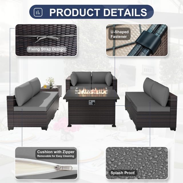 Patio Furniture Set with Fire Pit Table 8 Pieces Outdoor Sectional Furniture Outdoor Rattan Patio Conversation Sets with 43in 55,000 BTU Propane Gas Fire Pit Table Glass Table, Grey