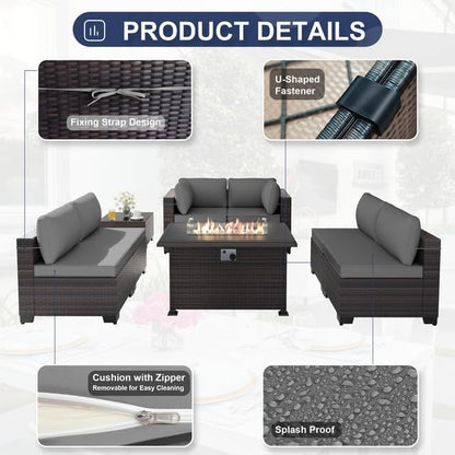 Patio Furniture Set with Fire Pit Table 8 Pieces Outdoor Sectional Furniture Outdoor Rattan Patio Conversation Sets with 43in 55,000 BTU Propane Gas Fire Pit Table Glass Table, Grey