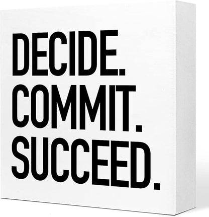 Decide Commit Succeed Wooden Sign Desk Decor,Motivational Fitness Gym Workout Quote Wood Block Sign Desk Decorations for Home Gym Office Desk Shelf Table Decor