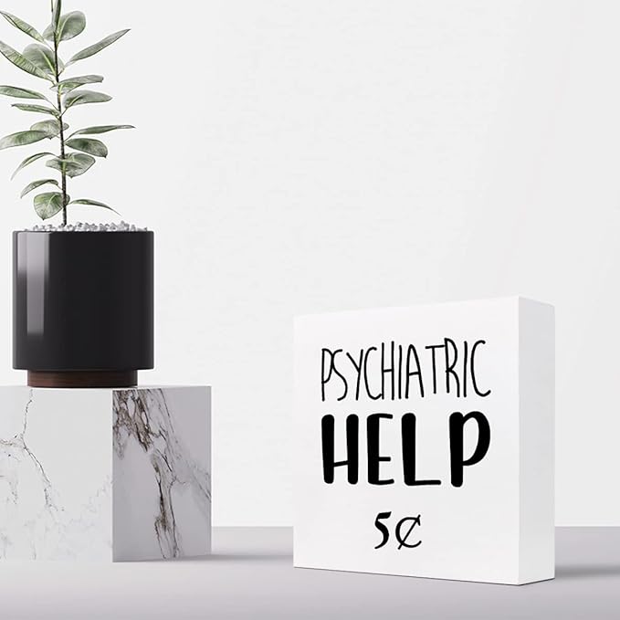 Help 5 Cents Wood Box Sign Decor Desk Sign,Funny Mental Health Quotes Wooden Box Block Sign for Home Office Shelf Table Decor Decorations