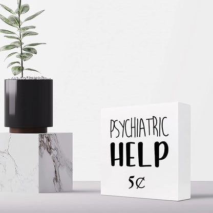 Help 5 Cents Wood Box Sign Decor Desk Sign,Funny Mental Health Quotes Wooden Box Block Sign for Home Office Shelf Table Decor Decorations