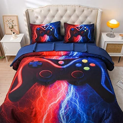 Meeting Story Gamer Gaming Bedding Sets Red Blue Lightnings Gamepad Comforter Set for Boys Games Console Action Buttons Novelty Colorful Modern Room Decor Home Quilt Set (Red-Blue, Queen 5Pcs)