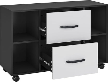 sogesfurniture Mobile Lateral Filing Cabinet with 2 Drawers,Lateral Office Cabinet Printer Stand, Multifunctional Storage Cabinet with Open Shelves and Castors for Home & Office (Black)