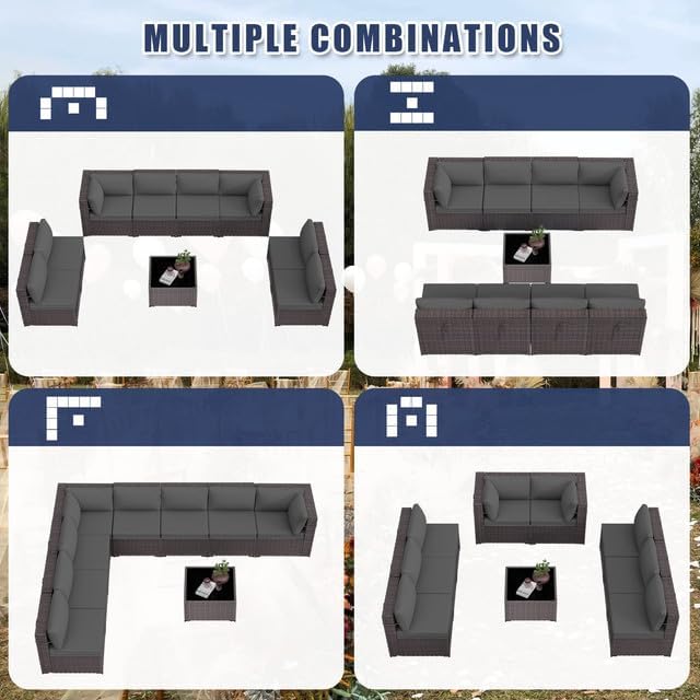 Patio Furniture Set 9-Piece Outdoor Furniture for Backyard Wicker Sectional Sofa Set, Rattan Patio Conversation Set with Thickened Cushions and Glass Coffee Table, Grey