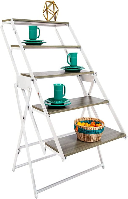 Origami Modern 2 in 1 Shelf to Table Style, Organizer Deco Rack Magically Turn to a Table/Desk in a Second,Fully Assembled,White/Birchwood US Patent Pending (STT-WHIBRC)