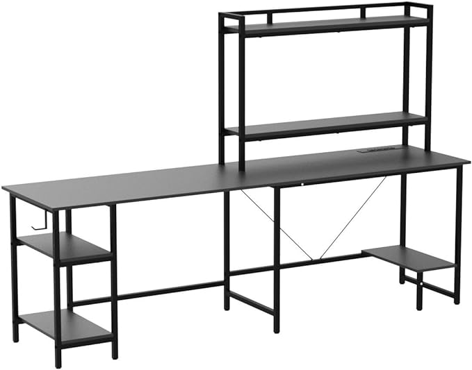 Evajoy L Shaped Computer Desk with Power Outlets and USB Ports, Reversible L-Shaped Corner Gaming Desk with Storage Shelves, 94.5’’ Industrial 2 Person Home Office Desk with Monitor Stand for Home