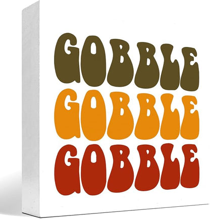 Autumn Desk Decor,Groovy Gobble Gobble Fall Thanksgiving Wood Block Sign Desk Decor,Rustic Autumn Seasonal Wooden Box Plaque Sign Desk Decor for Home Shelf Table Decorations
