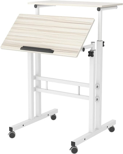 DlandHome Mobile Standing Desk Stand Up Desk Rolling Desk, Stand Sit Desk Mobile Computer Desk Adjustable Standing Desk 23.6inches Table Workstation Mobile Desk Cart Tray Maple