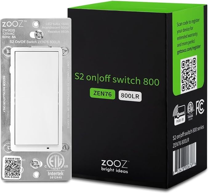 Zooz 800 Series Z-Wave Long Range S2 On Off Switch ZEN76 800LR, White | Simple Direct 3-Way and 4-Way Solution (Works with Regular Switches, No Aux Switch Needed) | Z-Wave Hub Required