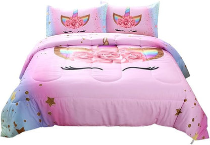 Unicorn Comforter Set Rainbow Soft Girls Unicorn Bedding with 1 Comforter 2 Pillowcases Pink Flower Unicorn Bedding Sets for Teens Girls Queen Size