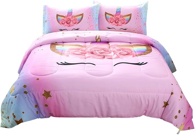 Unicorn Comforter Set Rainbow Soft Girls Unicorn Bedding with 1 Comforter 2 Pillowcases Pink Flower Unicorn Bedding Sets for Girls Twin Size