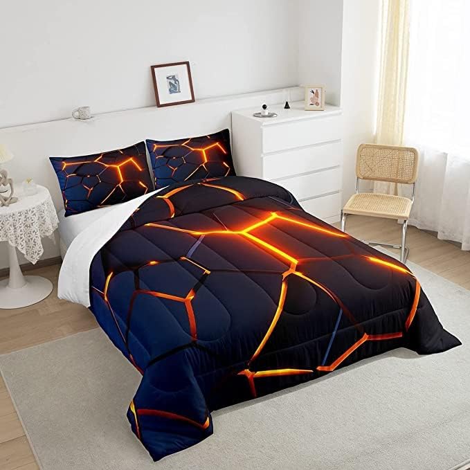 Honeycomb Print Bedding Set Red Black Fire Hexagonal Pattern Comforter Set for Kids Boys Girls Teens Beehive Geometrical Comforter Breathable Simplistic Duvet Set Room Decor Quilt Set King Size