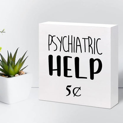 Help 5 Cents Wood Box Sign Decor Desk Sign,Funny Mental Health Quotes Wooden Box Block Sign for Home Office Shelf Table Decor Decorations