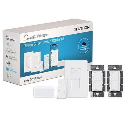 Lutron Caseta Orginal Smart Switch Kit, 2 Smart Light Switches, Pico Remote, Wall Plate Adaptor, & Smart Hub, Works with Alexa, Apple Home, Google Home, 3 Way, 5 Amp, Neutral Required, P-BDG-PKG2WS-WH