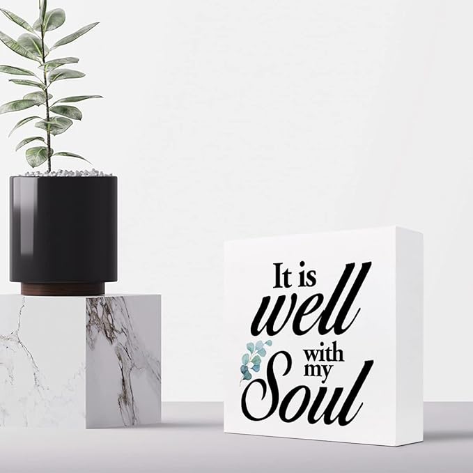 Christian Quote It Is Well With My Soul Wood Box Sign,Holy Bible Quote Decor Desk Sign,Inspirational Song and Hymn Wooden Block Sign for Home Bedroom Office Shelf Tabletop