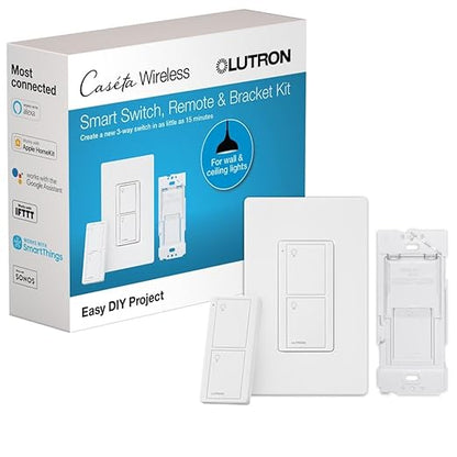 Lutron Caseta Original Smart Switch 3-Way Kit, w/ Pico Remote, Wallplate, and Wall Bracket, for LED Lights and Fans, 5 Amp, Neutral Required, P-PKG1WS-WH