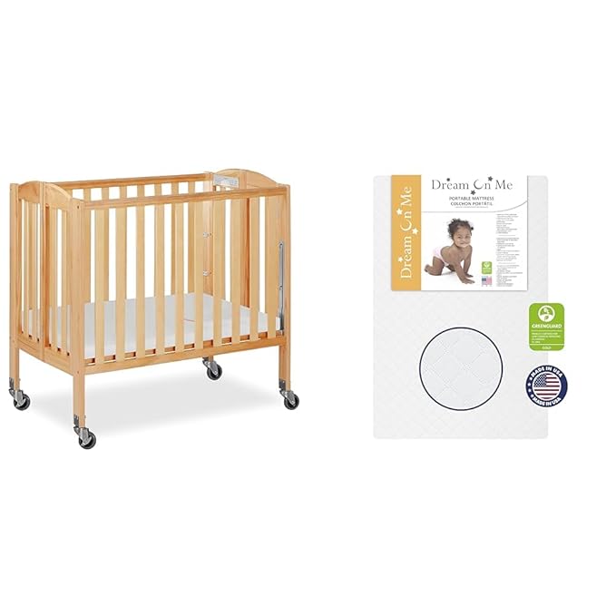 3-in-1 Folding Portable Crib and 3” Extra Firm Fiber Crib Mattress Bundle, Natural and Greenguard Gold Certified