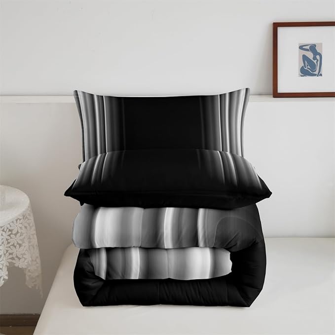 Feelyou Geometric Abstract Ombre Bedding Set Men Adults Teens Grey Gray and Black Striped Comforter Set Kids Boys Girls Simple Modern Quilt Setwith 2 Pillowcases 3Pcs Bedding Queen