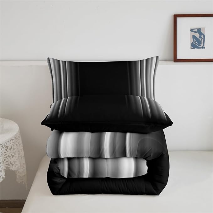 Feelyou Geometric Abstract Ombre Bedding Set Men Adults Teens Grey Gray and Black Striped Comforter Set Kids Boys Girls Simple Modern Quilt Setwith 1 Pillowcase 2Pcs Bedding Twin