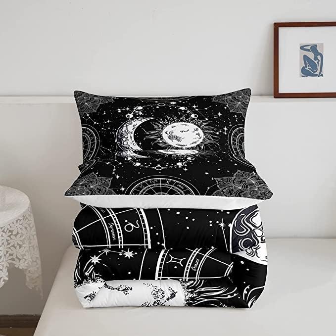 Sun and Moon Bedding Set Constellation Galaxy Comforter Set for Kids Boys Girls Teens Psychedelic Boho Mandala Comforter Breathable Celestial Duvet Set Black White Room Decor Quilt Cover King Size