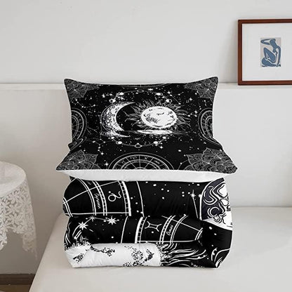 Sun and Moon Bedding Set Constellation Galaxy Comforter Set for Kids Boys Girls Teens Psychedelic Boho Mandala Comforter Breathable Celestial Duvet Set Black White Room Decor Quilt Cover King Size