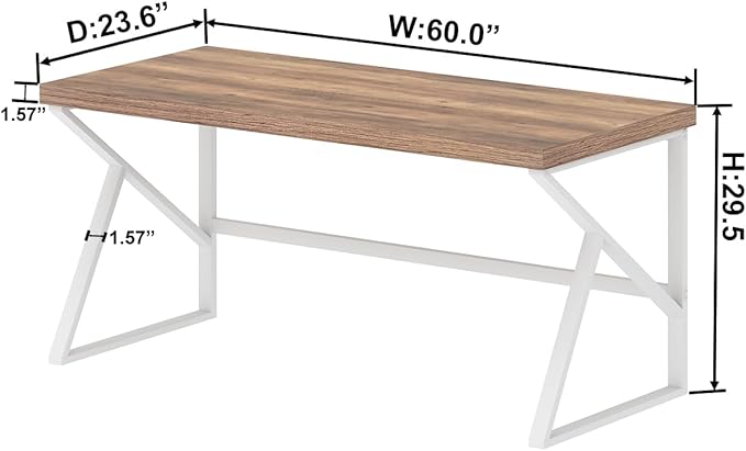 HSH Farmhouse Computer Desk, Large Home Office PC Desk, Modern Simple Metal Wood Desk Workstation for Executive Writing Study, Rustic Long Bedroom Living Room Table, White and Rustic Oak, 60 Inch