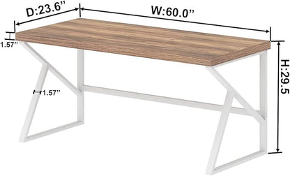 HSH Farmhouse Computer Desk, Large Home Office PC Desk, Modern Simple Metal Wood Desk Workstation for Executive Writing Study, Rustic Long Bedroom Living Room Table, White and Rustic Oak, 60 Inch