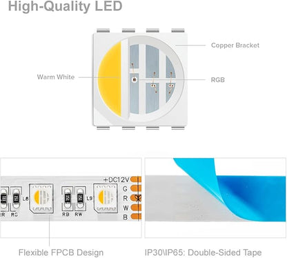 BTF-LIGHTING 5050 RGBW RGB+Warm White(2700K-3000K) 4 Colors in 1 LED Tape Light DC12V 5m 16.4ft 60LED/m Multi-Colored IP65 White 12mm PCB for Bedroom Kitchen Home Decoration(No Adapter or Controller)