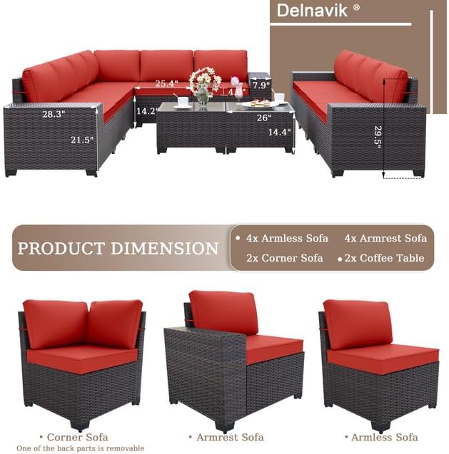 Patio Furniture Set Sofa 12-Pieces Wicker Sectional Sofa Set, Outdoor Furniture Rattan Patio Conversation Set with Thickened Cushions and Glass Coffee Tables, Red