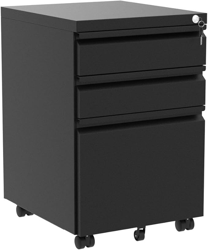 YITAHOME 3-Drawer Mobile File Cabinet with Lock, Office Storage Filing Cabinet for Legal/Letter Size, Pre-Assembled Metal File Cabinet Except Wheels Under Desk -Black