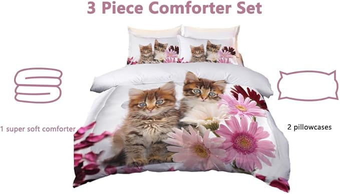 Cat Comforter Set Twin Size for Kids Pink Flowers Cats 3Pcs Bedding Set for boys and Girls (1Summer Comforter+ 2 Pillowcases) Lovely Animal Pets Duvet Set