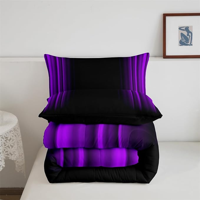 Geometric Abstract Ombre Comforter Set Kids Teens Purple and Black Striped Bedding Bed Set Decor Modern Fashion Comforter Inner Fill Bedroom Collection 3Pcs Queen Size