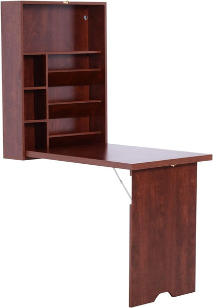 HOMCOM Compact Fold Out Wall Mounted Convertible Desk with Storage, Mahogany