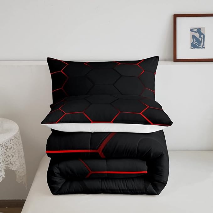 Honeycomb Bedding Set Honeycomb Modern Geometry Hexagon Theme Comforter Set for Kids Boys Children Geometrical Comforter Ultra Soft Beehive Black Red Decor Duvet Set Full Size