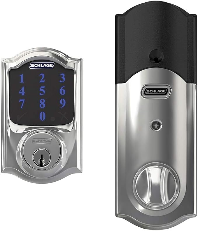 SCHLAGE BE469ZP CAM 625 Connect Smart Deadbolt With Alarm Inbuilt Camelot Trim In Bright Chrome