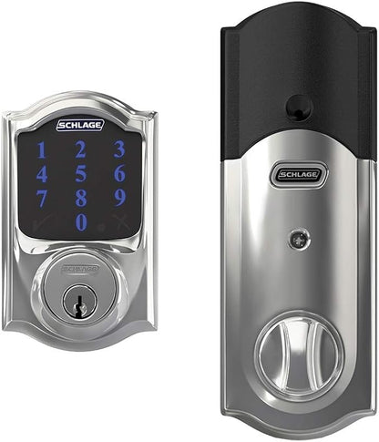 SCHLAGE BE469ZP CAM 625 Connect Smart Deadbolt With Alarm Inbuilt Camelot Trim In Bright Chrome