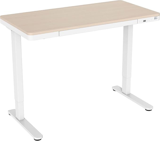 Mount-It! 47.2" Wide x 28.3" Deep Electric Height Adjustable Desk, Ergonomic Standing Workspace, Height Adjustment up to 46.5" Tall, Large Desktop, USB Ports, Drawer, Home Office, White, Maple Top