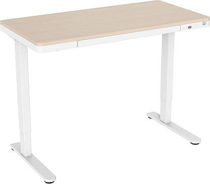 Mount-It! 47.2" Wide x 28.3" Deep Electric Height Adjustable Desk, Ergonomic Standing Workspace, Height Adjustment up to 46.5" Tall, Large Desktop, USB Ports, Drawer, Home Office, White, Maple Top